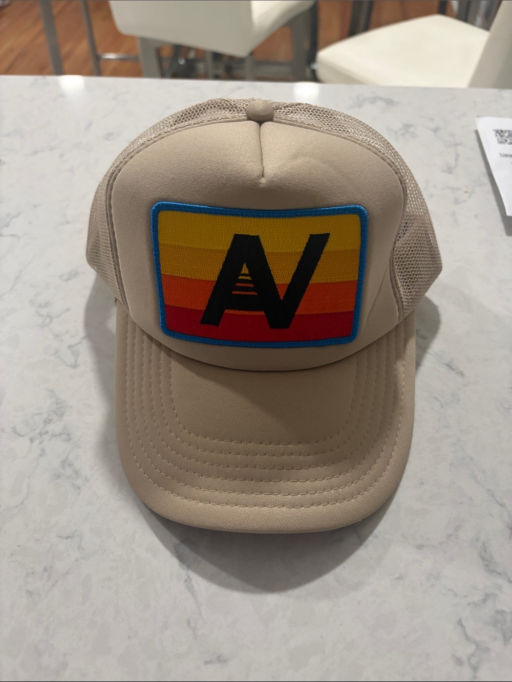 Beige Trucker Hat with Retro Sunset Patch
